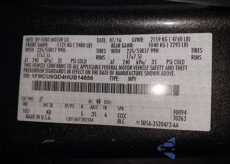 2017 Ford Escape Se z USA, uszkodzony, nr VIN 1FMCU9GD4HUB14856